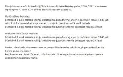 Obavijest o početku nastave