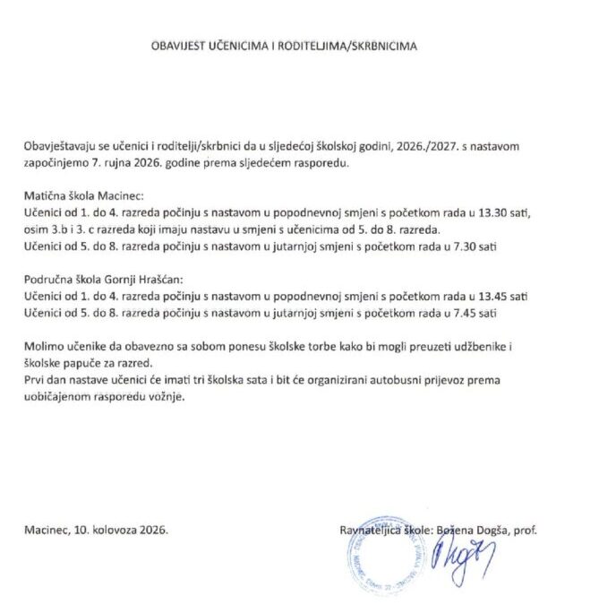 Obavijest o početku nastave